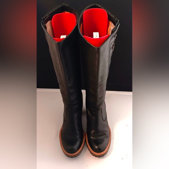 Frye Mildred Engineer 6.5 Black-Leather Buckled Pull-On High Heel Moto Boots - Picture 7 of 8